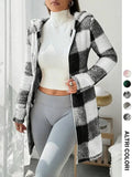 Women's  Plaid & Fluffy Trim Zip Front Hoodie Jacket, Ladies Casual In Fall/Winter