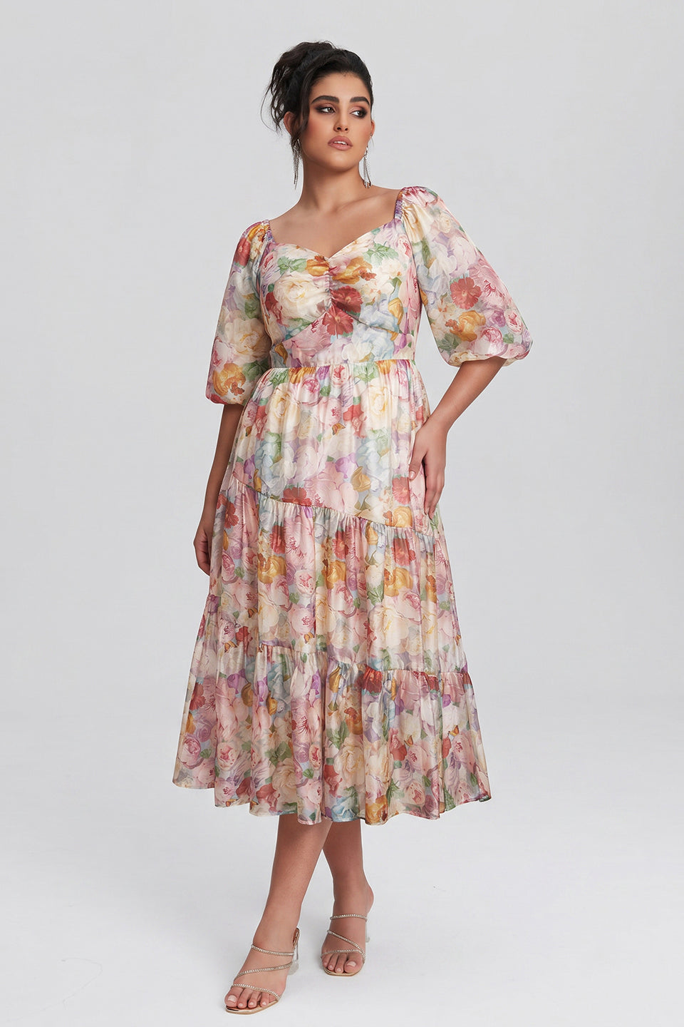 Curveins Plus Size V-Neck Flower Print Pleated Maxi Dress