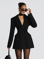 Women's Elegant Business Suit Dress, Deep V Neck Long Sleeve Ruffle Waist Cinched, Spring & Fall Office Wear, Plain Style