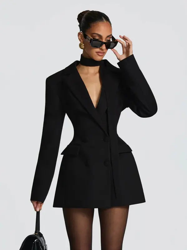 Women's Elegant Business Suit Dress, Deep V Neck Long Sleeve Ruffle Waist Cinched, Spring & Fall Office Wear, Plain Style
