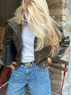 Women's Olive Green Faux Leather Bomber Moto Jacket with Stand Collar and Flap Pockets, Casual Short Layered Streetwear Outerwear