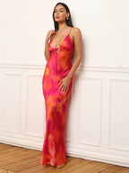 Pink satin-effect backless maxi dress