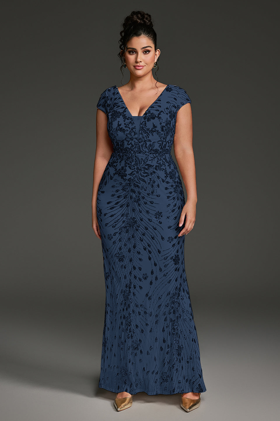 Curveins Plus Size V-neck and Waist Cinch Sequin Maxi Dress
