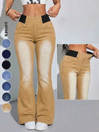 Y2K 2026 Women's Back Shirred Jeans,Mid-Rise Elasticity Waist Flared Jeans,With Pockets,Light Blue Washing Process,Women's Bell-Bottoms Wide-Leg Jeans,Waist - Cinching Design