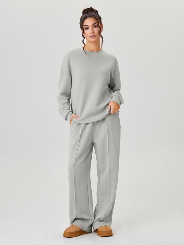 Women's Casual Solid Color Loose Long Sleeve Top & Exposed Stitches Trousers Co-ord