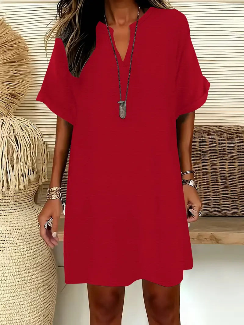Women's Plain Notched-Neck Short Sleeve Midi Dress, Casual Chic Fashion Drop Shoulder A-Line Dress for Summer, Comfortable and Stylish Dress