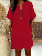 Women's Plain Notched-Neck Short Sleeve Midi Dress, Casual Chic Fashion Drop Shoulder A-Line Dress for Summer, Comfortable and Stylish Dress