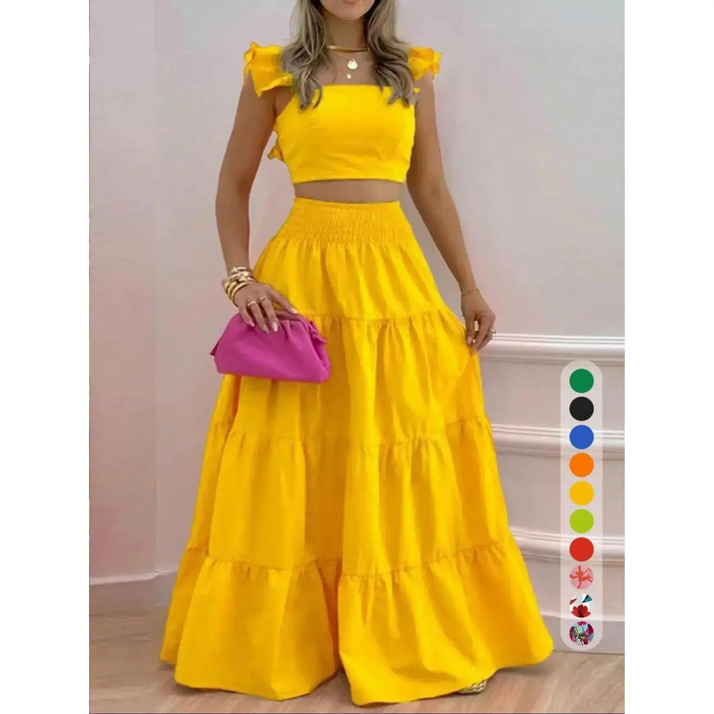 Women's Solid Color / Floral Print Shirred Top & Long Skirt Two-piece Set, Boho Fashion Casual Top & Skirt for Daily Holiday Vacation Wear, Ladies for Summer