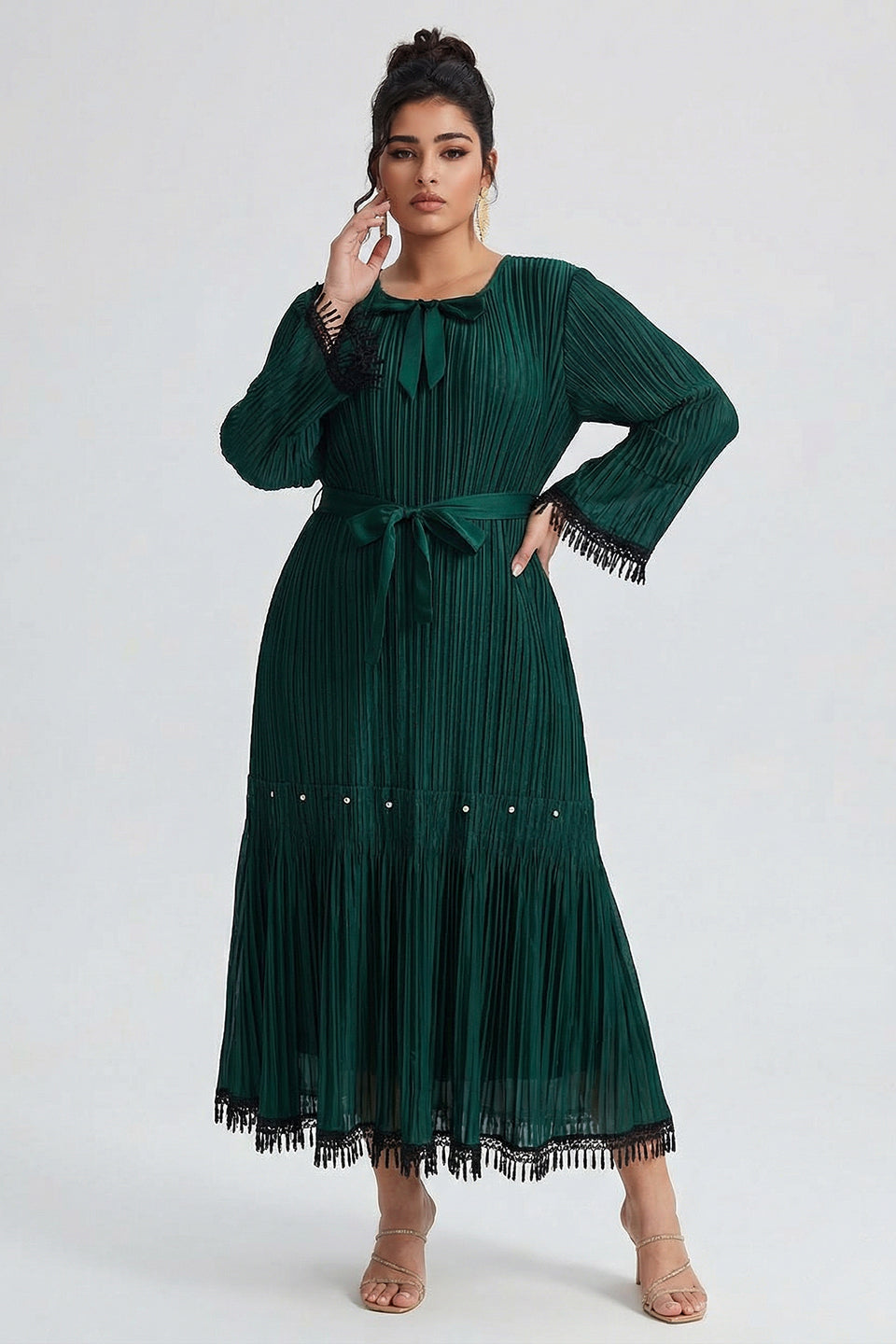 Curveins Plus Size Square Neck Long Sleeve Tie-Up Fringe Maxi Dress