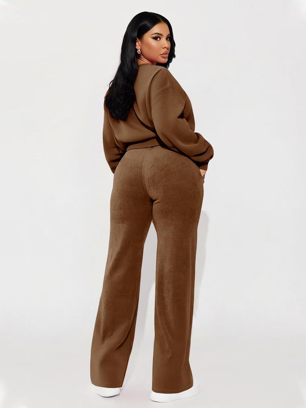 Women's Casual Fashion Long Sleeve Top & High Waist Straight Leg Pants Set, Autumn Winter, Comfortable and Stylish Clothing, Womenswear