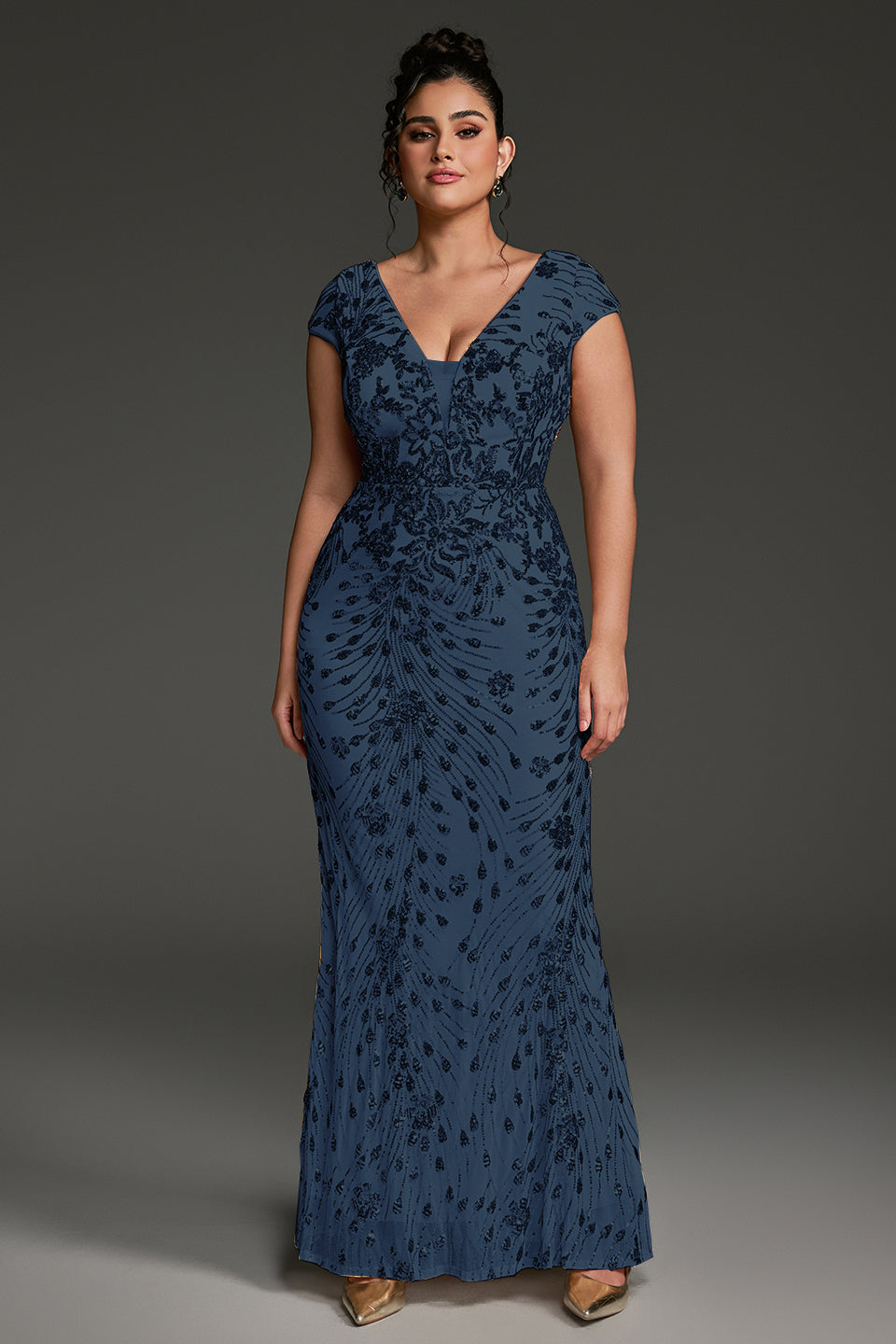 Curveins Plus Size V-neck and Waist Cinch Sequin Maxi Dress