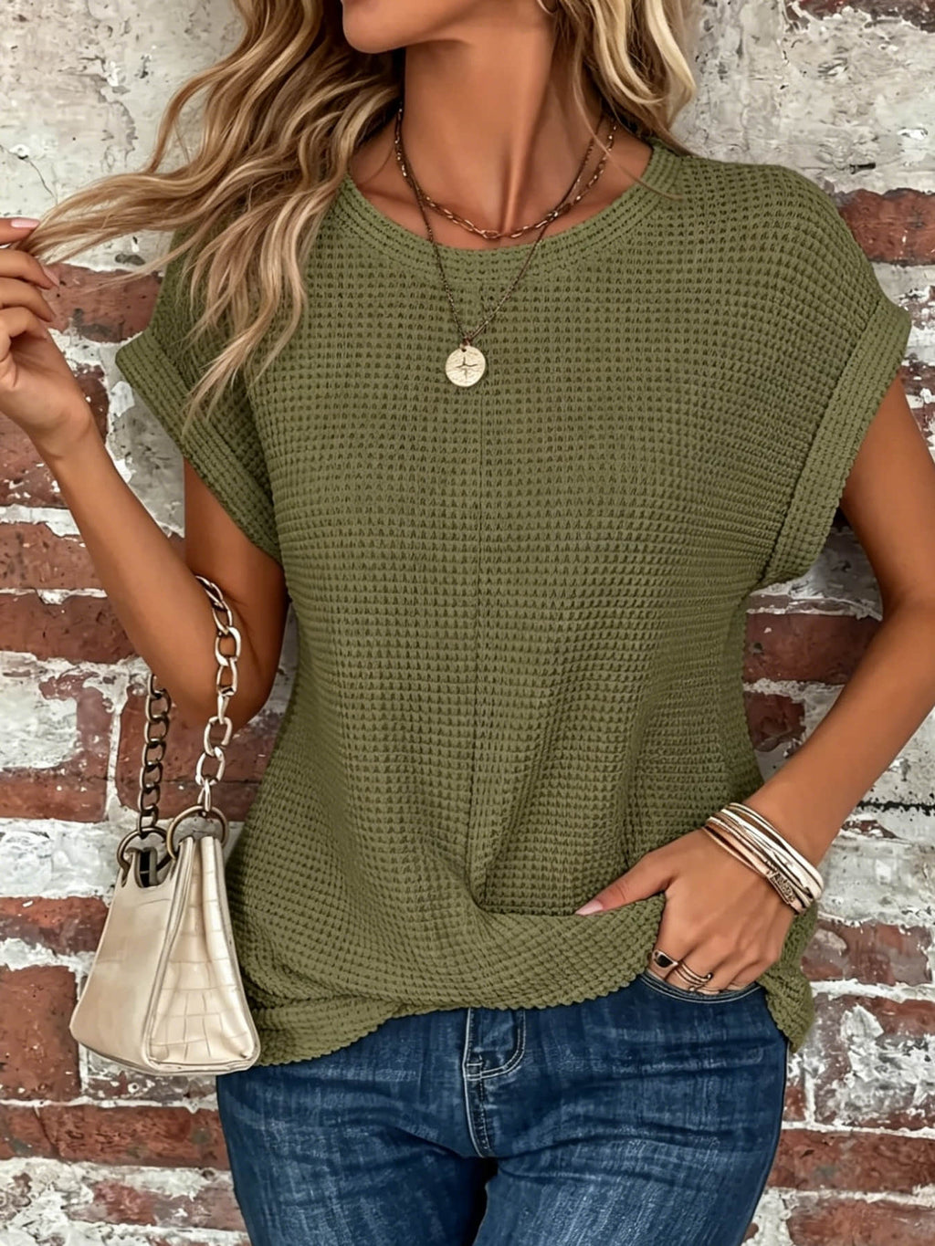 Women's fashionable casual loose round neck short sleeved top