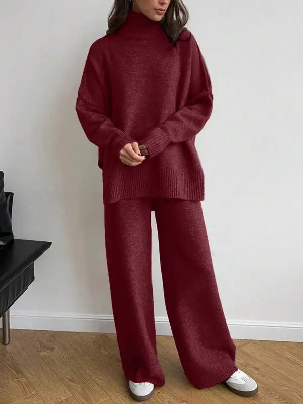 Women's 2 Pcs Sweater Set Autumn/Winter Long Sleeve Turtle Neck Drop Shoulder Solid Color Pullover Sweater and Wide Leg Pants