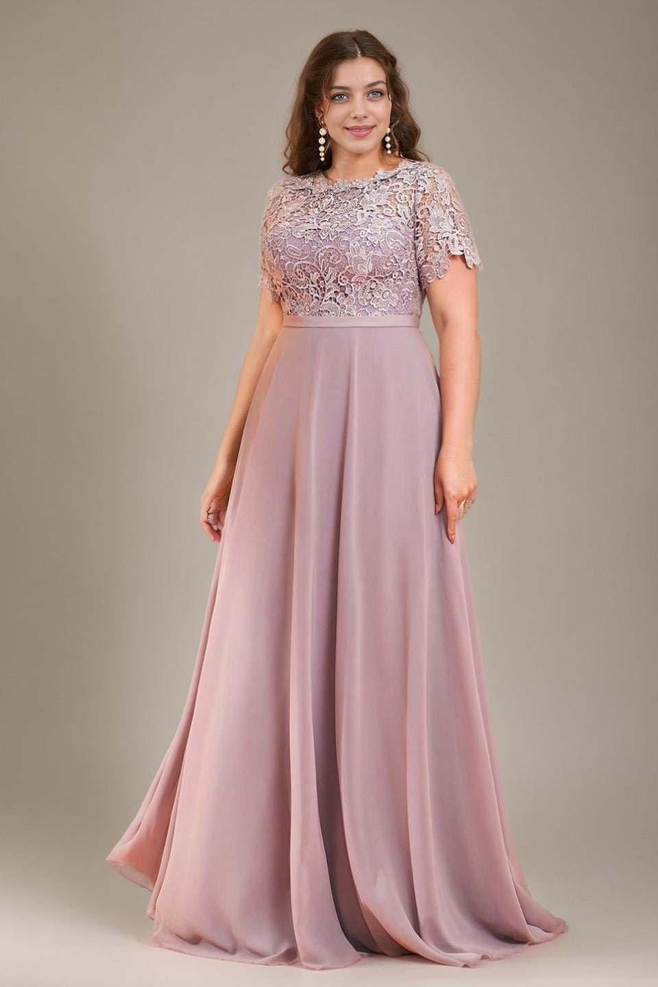 Curveins Plus Size Round Neck Short Sleeve Embroidered Waist Cinched Elegant Maxi Dress