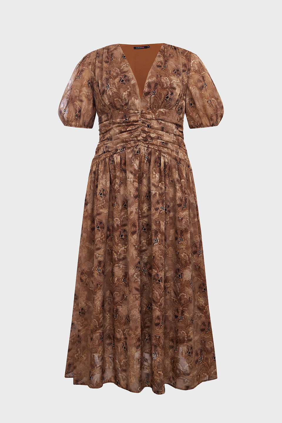 Curveins Plus Size V Neck Short Sleeve Floral Ruched Waist Flowy Elegant Maxi Dress