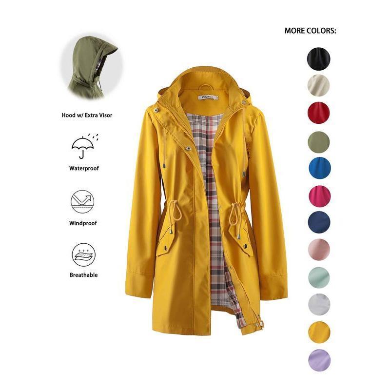 Women's Solid Color Drawstring Zip-Up Hooded Trench Coat Long Sleeve Waterproof Windproof Soft Comfortable Casual Outerwear Suitable For Spring Fall Daily Wear Outings