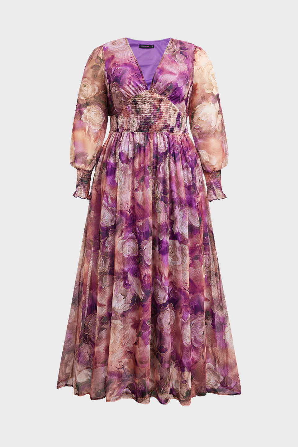 Curveins Plus Size V Neck Long Sleeve Floral Waist Maxi Dress