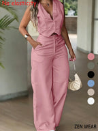 New Women's Pants Set, Sleeveless Waist Cinching Vest Set, Wide Leg Pants, Elegant Office Lady Commuter Two-Piece Suit