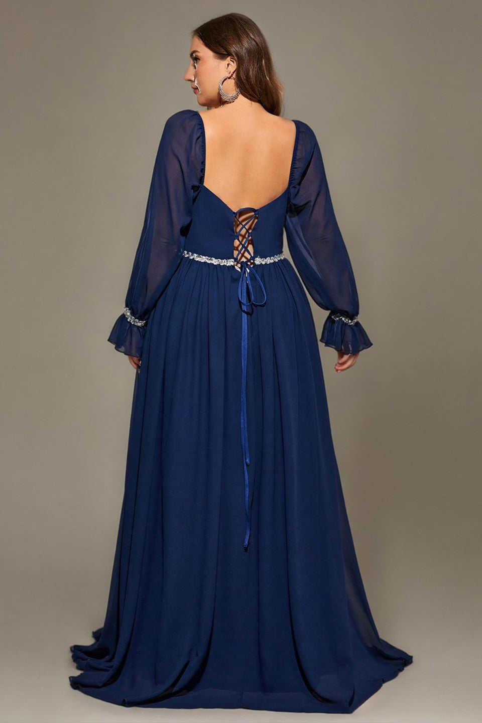 Curveins Plus Size Square Neck Long Sleeve Maxi Dress with Ruched Waist