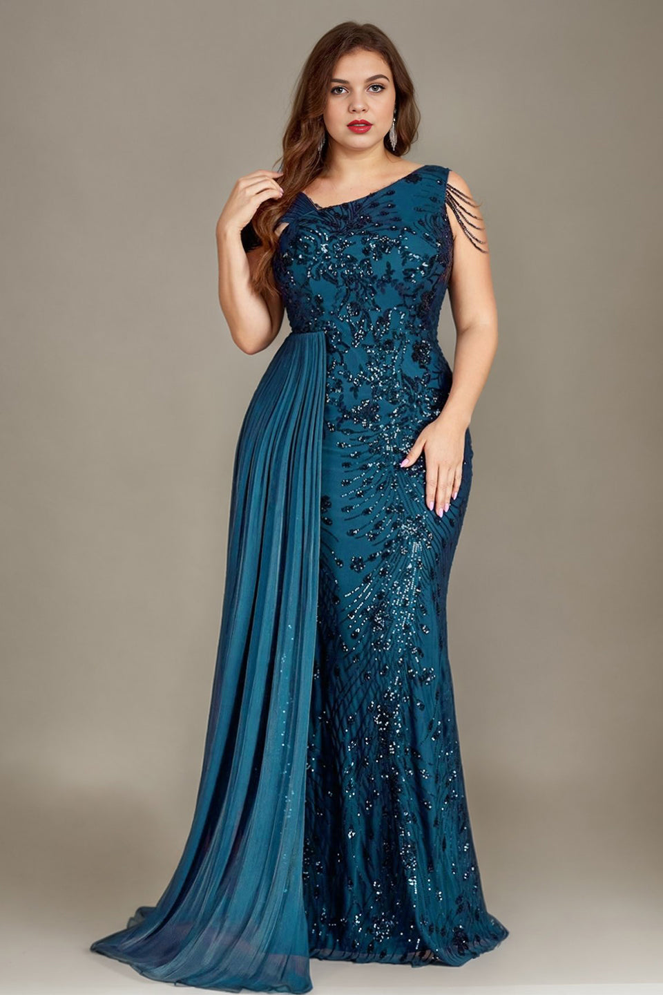 Curveins Plus Size One Shoulder Sleeveless Beaded Ribbon Elegant Maxi Dress