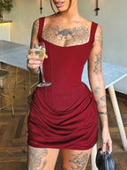 Sexy Fishbone Bodycon Ruched Drawstring Mini Corset Dress Sexy Women Night Out Club Wear Party Dress