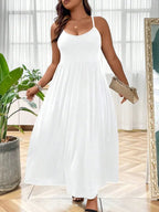 Plus Size Criss Cross Backless Cami Dress, Casual Solid Sleeveless Spaghetti Strap A-Line Dress for Summer, Women's Clothes for Party Holiday