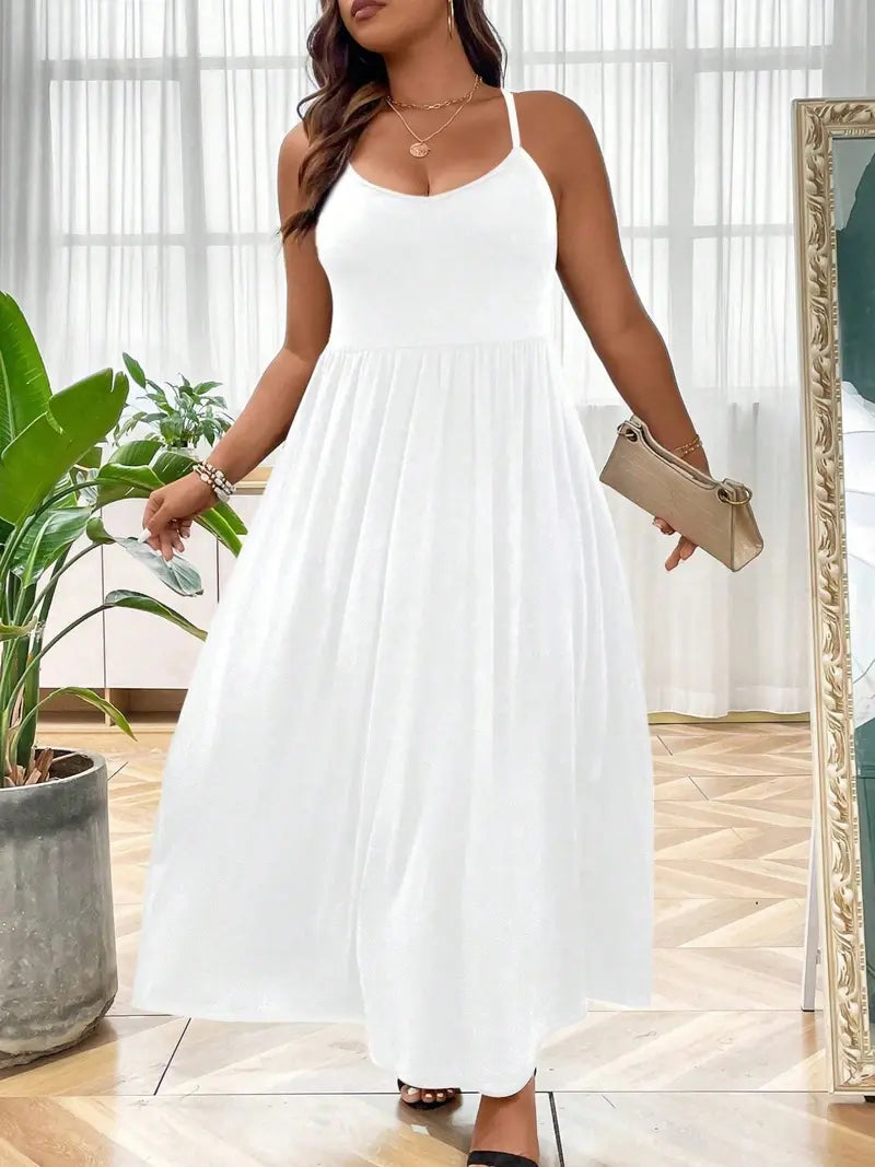 Plus Size Criss Cross Backless Cami Dress, Casual Solid Sleeveless Spaghetti Strap A-Line Dress for Summer, Women's Clothes for Party Holiday