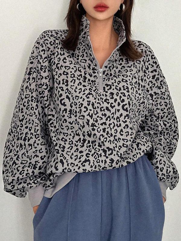 Women Casual Zip Up Front Long Sleeve Leopard Print Sweatshirt,Fall Clothes