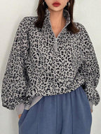 Women Casual Zip Up Front Long Sleeve Leopard Print Sweatshirt,Fall Clothes