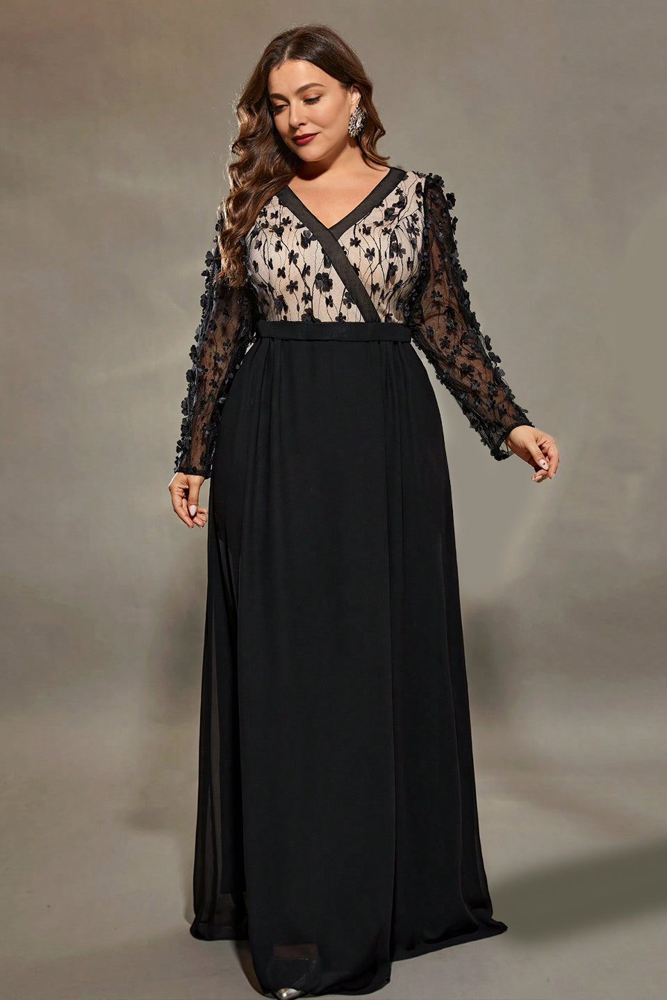 Curveins Plus Size Elegant V-Neck Long Sleeve Dress with Textured Floral Details