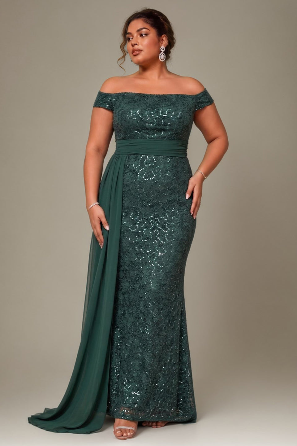 Curveins Plus Size Off Shoulder Sequin Waist Tie Elegant Evening Maxi Dress