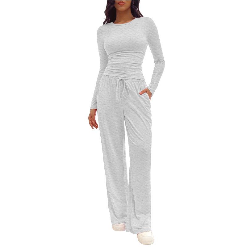 Women's Solid Ruched Drawstring Loungewear Set, Casual Long Sleeve Round Neck Top & Pocket Wide Leg Trousers, Ladies Sleepwear for All Seasons