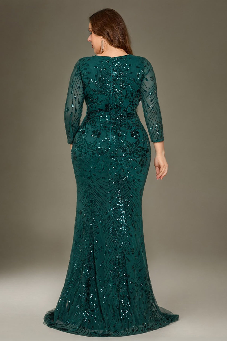 Curveins Plus Size V Neck Long Sleeve Sequin Floral Pattern Elegant Maxi Dress