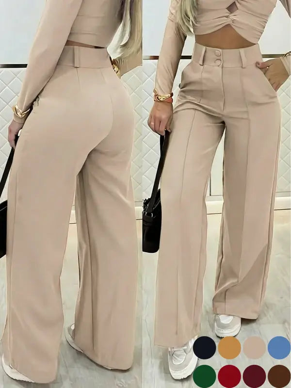 Women's Simple Wide-Leg Pants with Double Button Front, Versatile Commuter Essential Single Piece, Stylish Office Wear