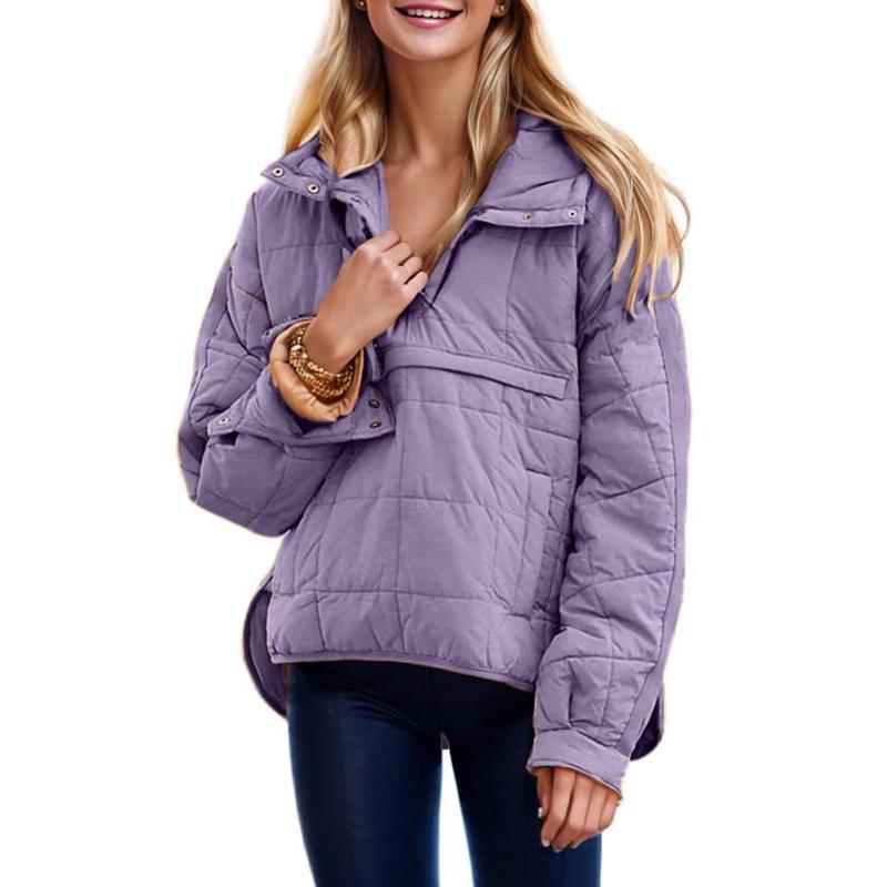 Women's Oversized Puffer Jacket Quilted Dolman Hoodies Pullover Long Sleeve Lightweight Warm Tops with Big Chest Pocket
