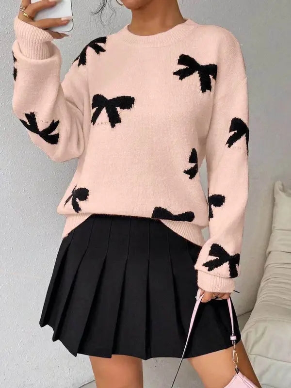 Fashion Bow Print Casual Basic Loose Knitted Sweater Pullover Autumn/Winter Women Pullovers New O-Neck Full Sleeve Knit Sweater