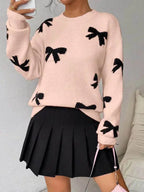 Fashion Bow Print Casual Basic Loose Knitted Sweater Pullover Autumn/Winter Women Pullovers New O-Neck Full Sleeve Knit Sweater