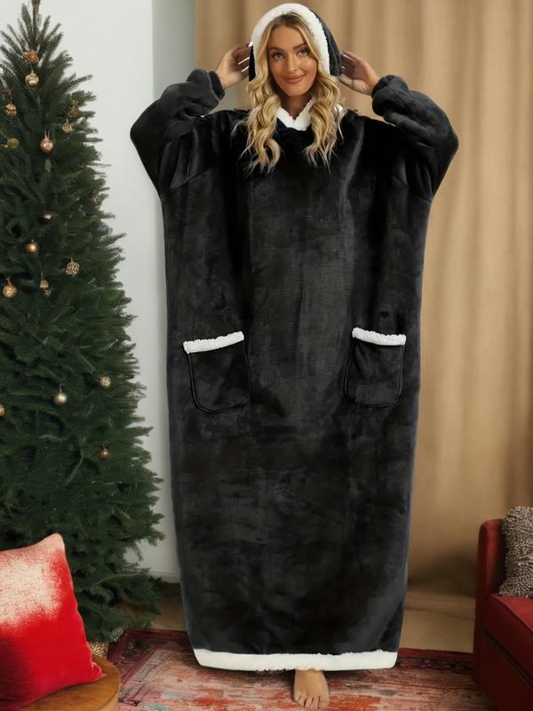 Autumn Winter Christmas Flannel Cotton Blend Hooded Long Robe, Soft Comfortable Homeewear with Vertical Pocket, Casual Plain Style