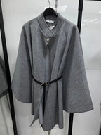 Women's Plain Front Buckle Belted Woolen Cape Coat