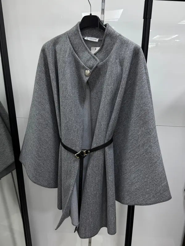 Women's Plain Front Buckle Belted Woolen Cape Coat