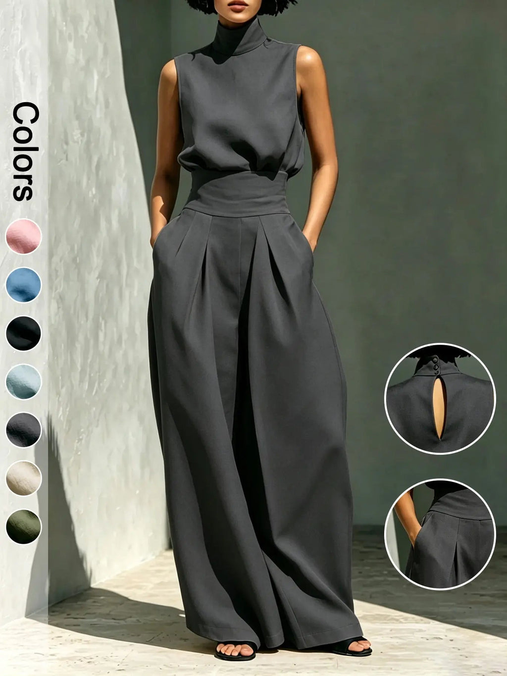Women's Two-Piece Set High Neck Sleeveless Top and Long Pants, Elegant Style High Waist Wide Leg Pants Set, Fashionable Ladies