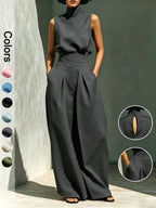 Women's Two-Piece Set High Neck Sleeveless Top and Long Pants, Elegant Style High Waist Wide Leg Pants Set, Fashionable Ladies