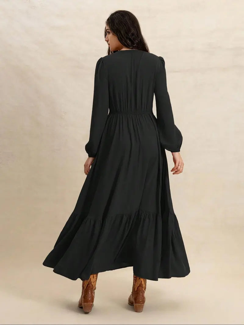 Women's Plain V Neck Long Sleeve Dress, Casual Fitted Woven Dress for All Seasons, Daily Wear Fashionable Women's Clothing