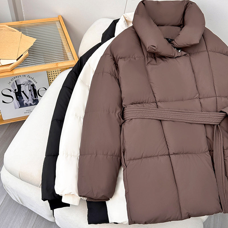 Premium Women  Mid Length Belted Puffer Jacket Women Casual Coat, Water Repellent Women Winter Ladies Classic Quilted Outerwear Coat Big Pocket