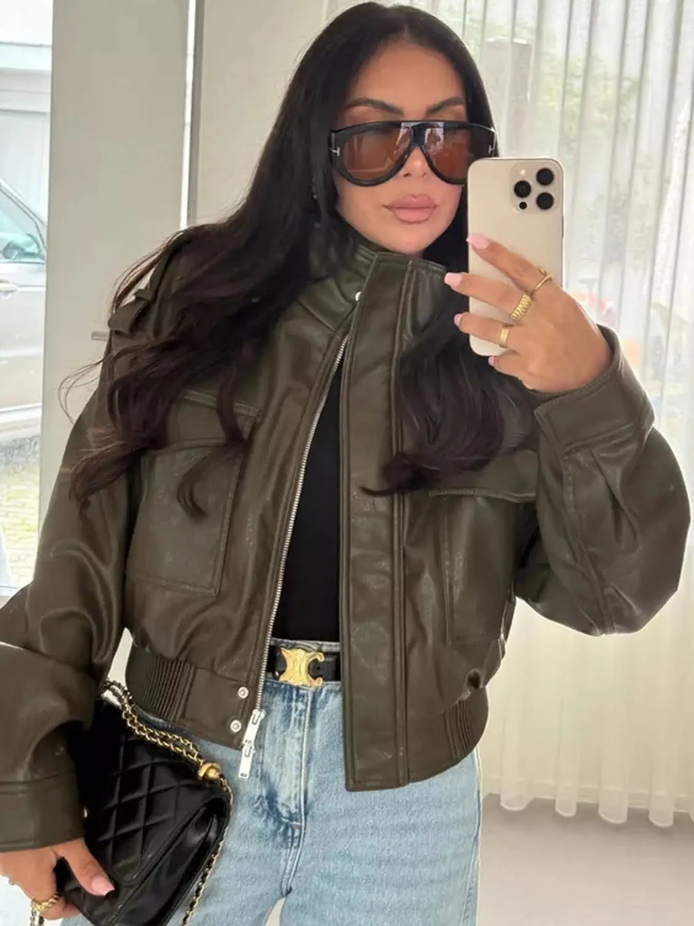 Women's Olive Green Faux Leather Bomber Moto Jacket with Stand Collar and Flap Pockets, Casual Short Layered Streetwear Outerwear