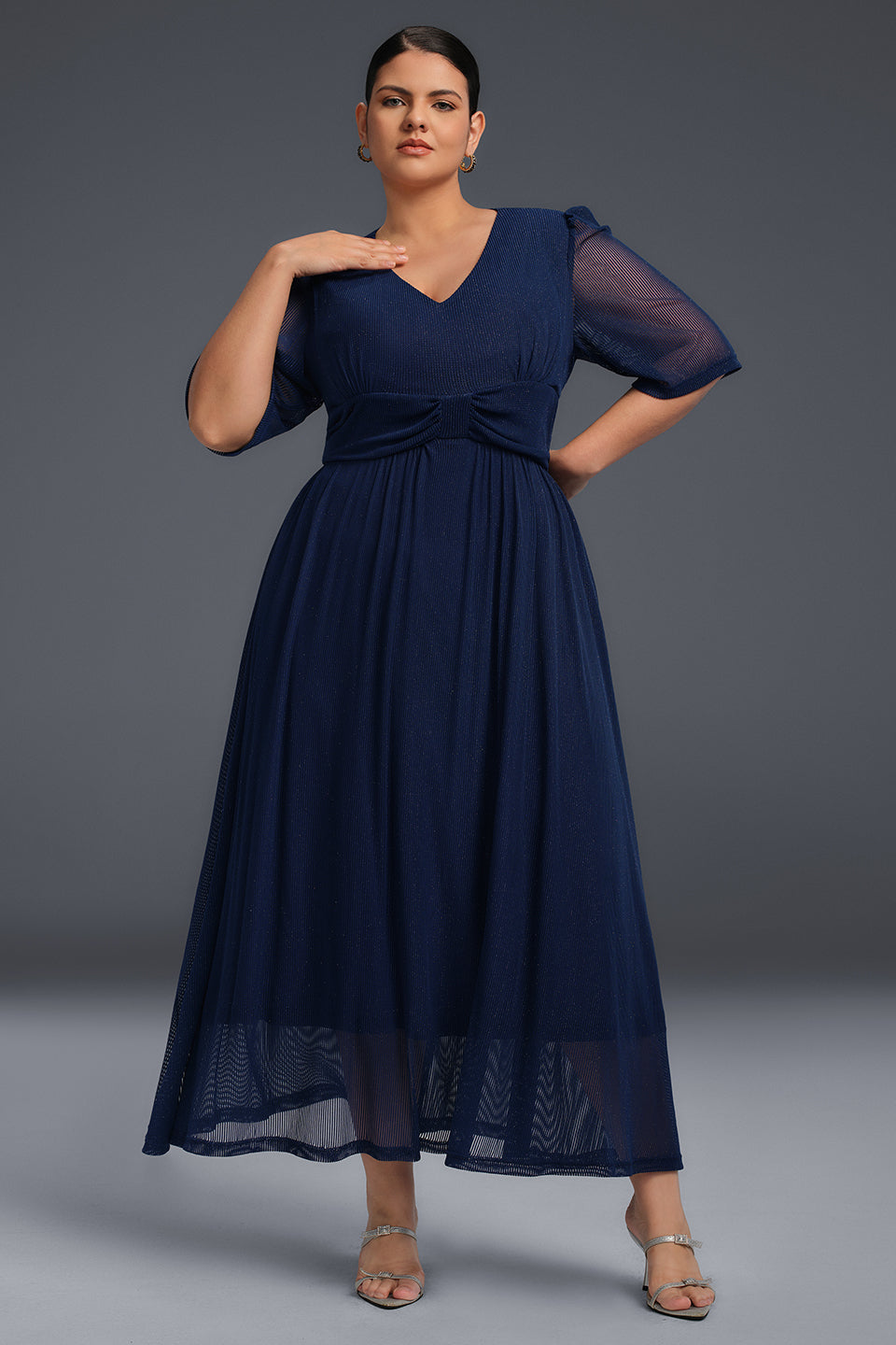 Curveins Plus Size V-Neck Long Sleeve Ruffle Hem Maxi Dress