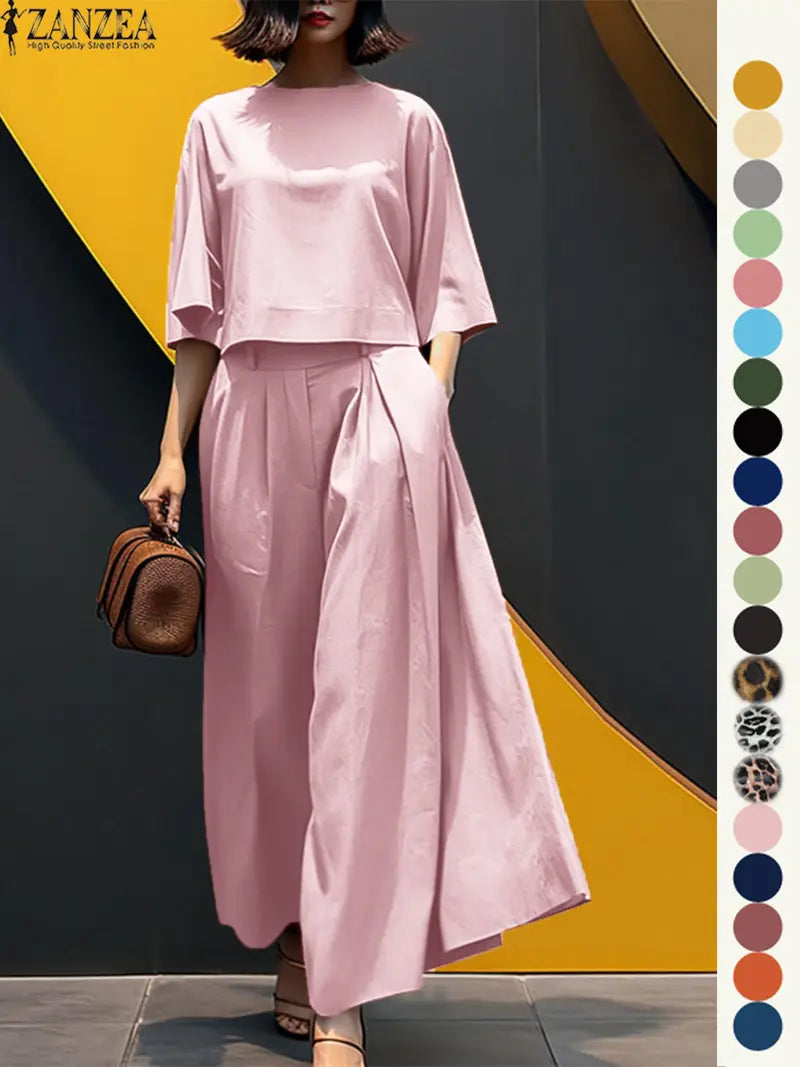 Women's Top & Wide Leg Pants Two-piece Set, Casual Fashion Minimalist Cozy Three Quarter Length Sleeve Top & Trousers for Daily Outdoor Wear, Ladies Clothes for All Seasons, Womenswear