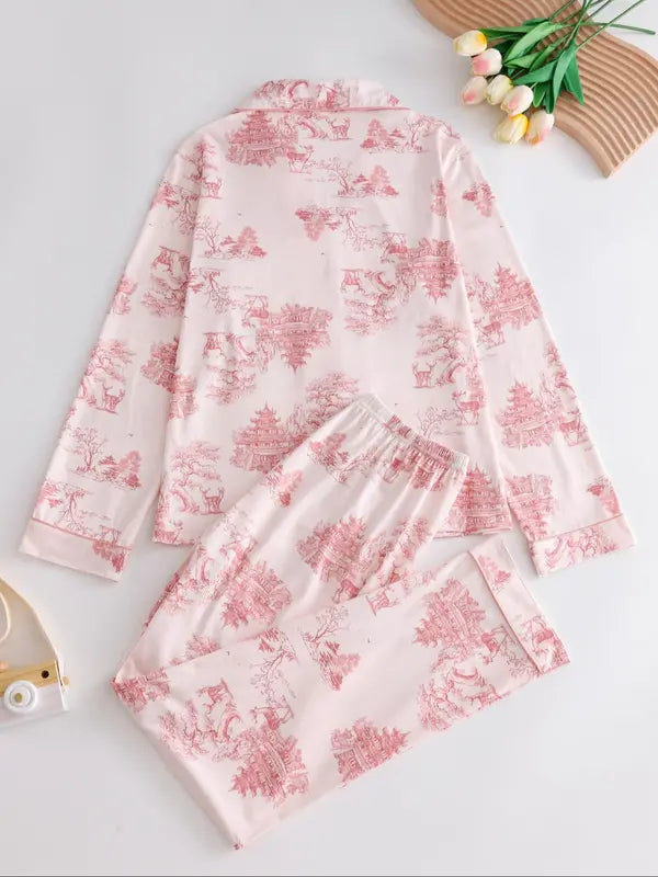 Two-Piece Set Women's All Over Print Button Front Pocket Lapel Shirt & Elastic Waist Pants Pyjama, Casual Comfy Long Sleeve Top & Trousers PJ Set, Women's Sleepwear for Spring & Fall