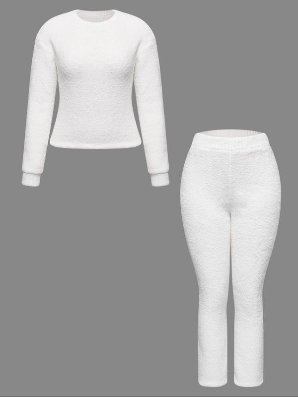 Women's Two-Piece Casual Set, Solid Color Long Sleeve Top & Elastic Wide-Leg Pants Pjs, Comfortable Minimalist Round Neck Sleepwear