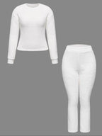Women's Two-Piece Casual Set, Solid Color Long Sleeve Top & Elastic Wide-Leg Pants Pjs, Comfortable Minimalist Round Neck Sleepwear